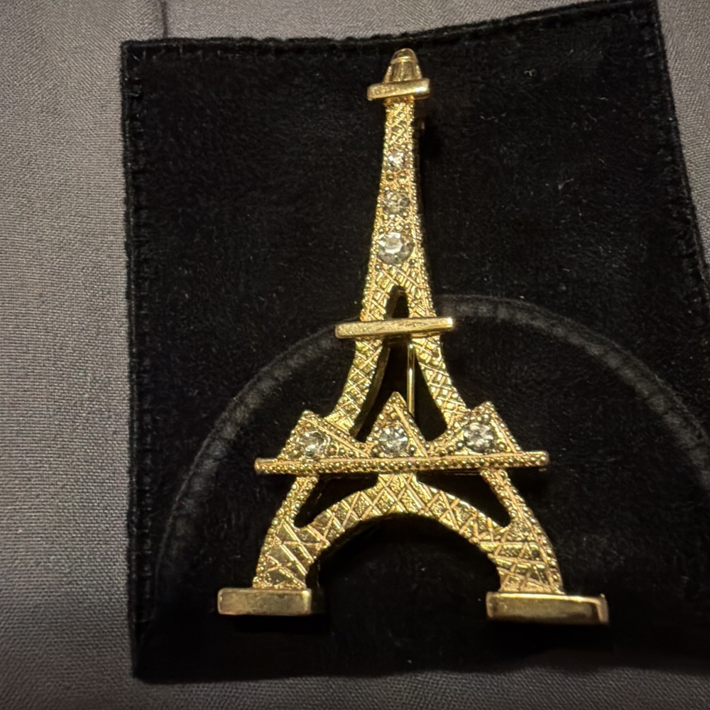 Collectible Jewelry Pin Eiffel Tower Goldtone Rhinestones Brooch 2.5" Open Work